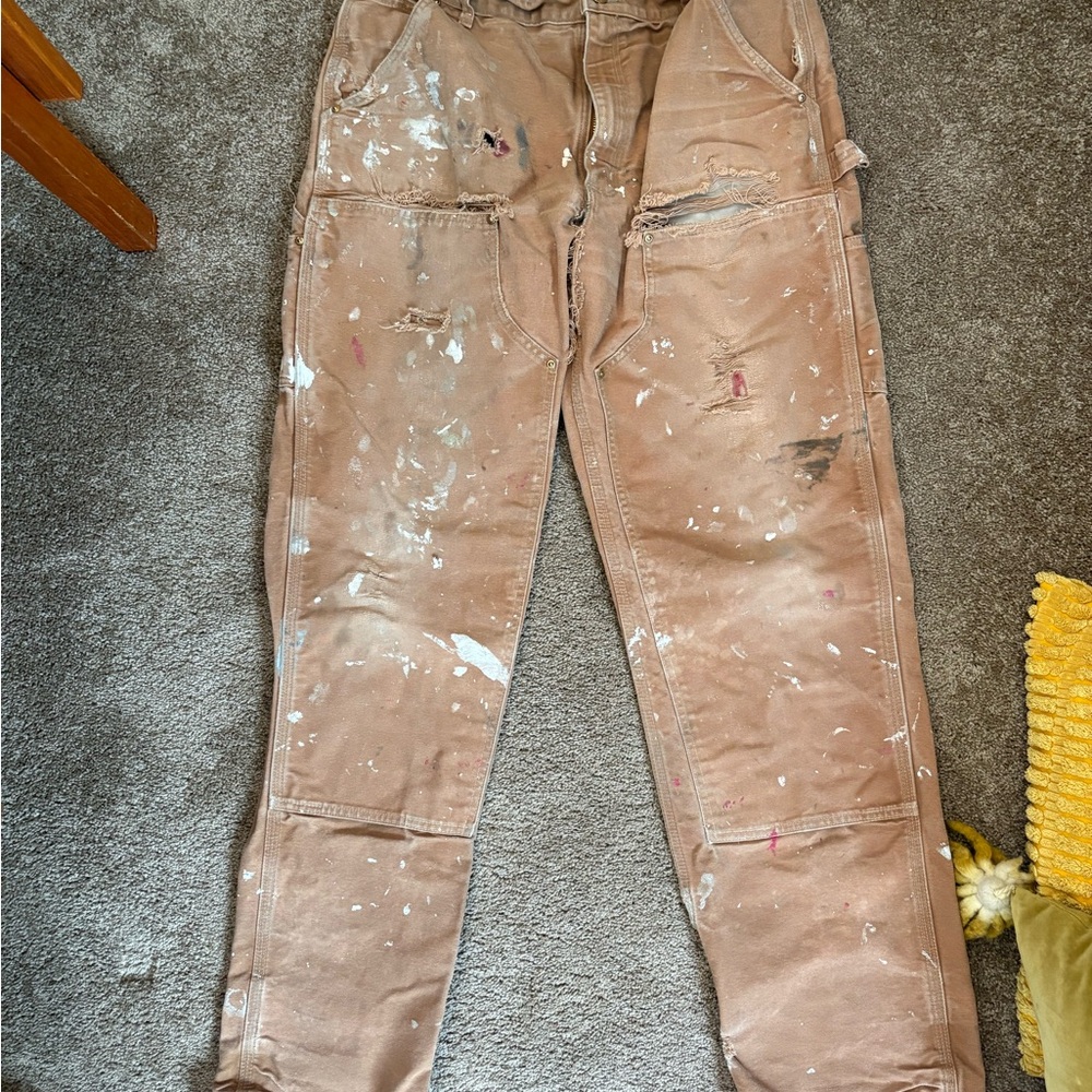 Extreme distressed Carhartt work pants Tan Cargo Pants Relaxed Fit Durable